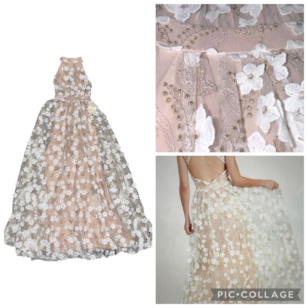 Altar'd State Floral Lace Gown Womens Small Peach Gold 3D Flower Maxi Dress NEW